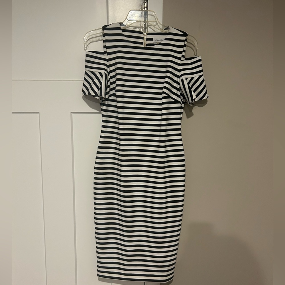 Calvin Klein Black and White Striped Midi Dress